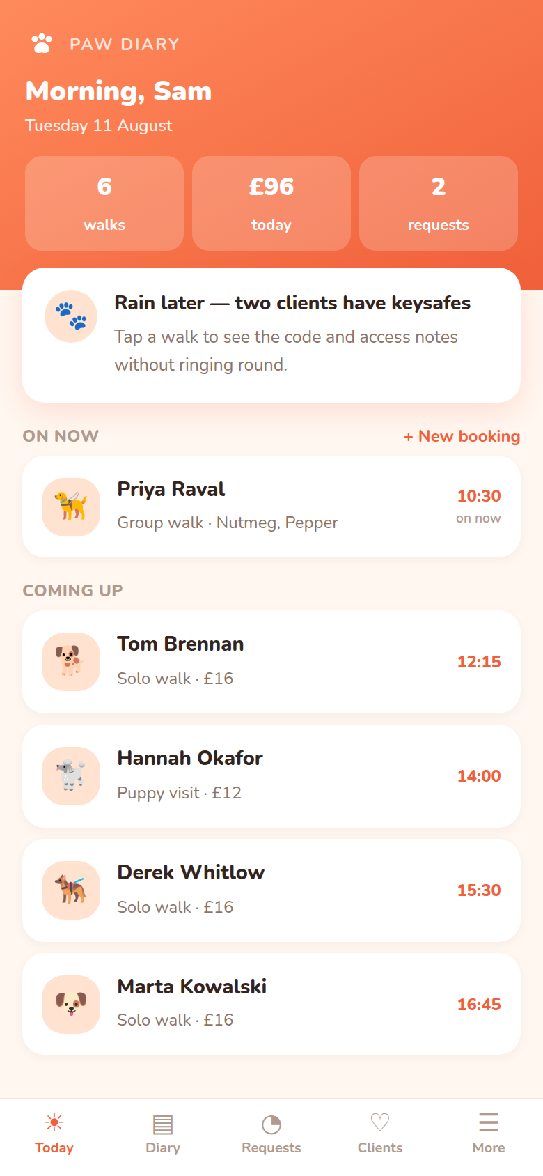 The Paw Diary home screen, showing today's walks with times and prices